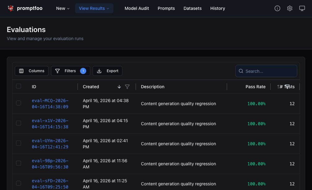 Promptfoo evaluation runs